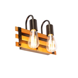 QAZQA, Industrielle Wandleuchte schwarz mit Holz 2-Licht - Paleta Mai, Industrielle Wandleuchte schwarz mit Holz 2-Licht - Paleta Mai