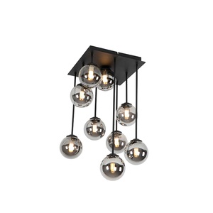 QAZQA, Moderne Deckenleuchte schwarz 9-Licht mit Rauchglas - Athen, Moderne Deckenleuchte schwarz 9-Licht mit Rauchglas - Athen
