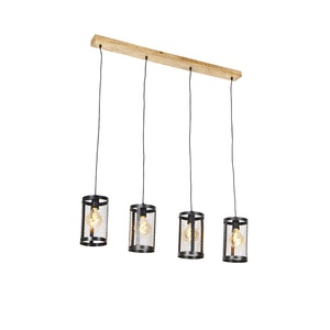QAZQA, Industrielle Hängelampe schwarz mit Holz 4-Licht - Cage Robusto, Industrielle Hängelampe schwarz mit Holz 4-Licht - Cage Robusto