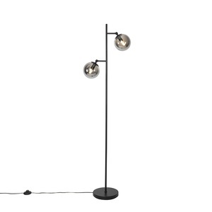 QAZQA, Art Deco Stehleuchte schwarz mit Rauchglas 2-Licht - Pallon, Art Deco Stehleuchte schwarz mit Rauchglas 2-Licht - Pallon