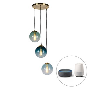 QAZQA, Intelligente Hängelampe Messing inkl. 3 WiFi ST64 mit blauem Glas - Pallon