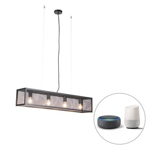 QAZQA, Intelligente industrielle Hängelampe schwarz inkl. 4 WiFi A60 - Käfig, Intelligente industrielle Hängelampe schwarz inkl. 4 WiFi A60 - Käfig