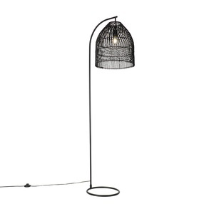 QAZQA, Ländliche Stehlampe schwarz mit Rattan - Sam, Ländliche Stehlampe schwarz mit Rattan - Sam