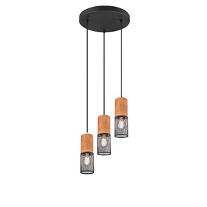 TRIO LEUCHTEN, Industrielle Deckenleuchte schwarz mit Holz 3-Licht - Manon, Industrielle Deckenleuchte schwarz mit Holz 3-Licht - Manon