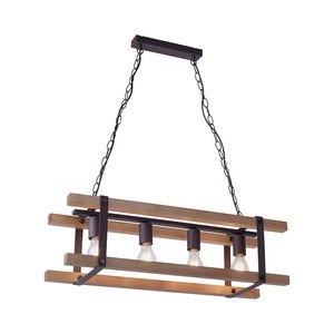 Paul Neuhaus, Industrielle Hängelampe schwarz mit Holz 4-Licht - Flugzeuge, Industrielle Hängelampe schwarz mit Holz 4-Licht - Flugzeuge