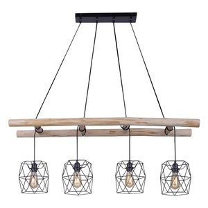 Paul Neuhaus, Industrielle Hängelampe schwarz mit Holz 4-Licht - Mediena, Industrielle Hängelampe schwarz mit Holz 4-Licht - Mediena