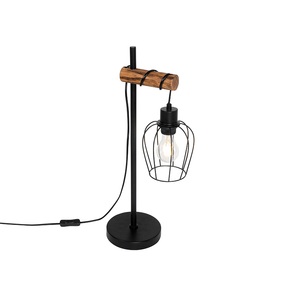 QAZQA, Landelijke tafellamp zwart met hout - Stronk, Ländliche Tischlampe schwarz mit Holz - Stronk