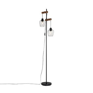 QAZQA, Landelijke vloerlamp zwart met hout 2-lichts - Stronk, Ländliche Stehlampe schwarz mit Holz 2-flammig - Stronk