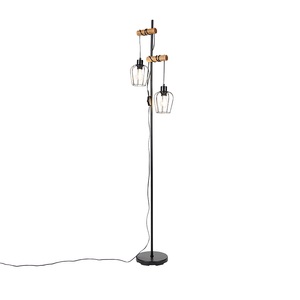 QAZQA, Landelijke vloerlamp zwart met hout 2-lichts - Stronk, Ländliche Stehlampe schwarz mit Holz 2-flammig - Stronk