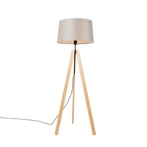 QAZQA, Vloerlamp tripod hout met linnen kap taupe 45 cm - telu