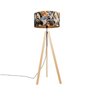 QAZQA, Stehlampe Holz mit Stoffschirm Blumen 50 cm - Telu
