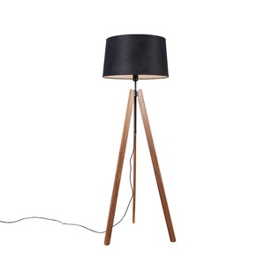 QAZQA, Vloerlamp tripod bruin met linnen kap taupe 45 cm - Telu