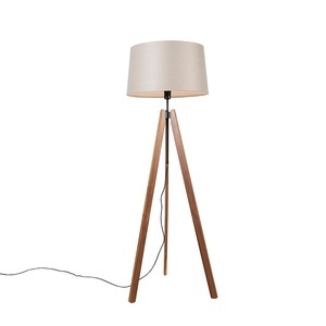 QAZQA, Vloerlamp tripod bruin met linnen kap taupe 45 cm - Telu