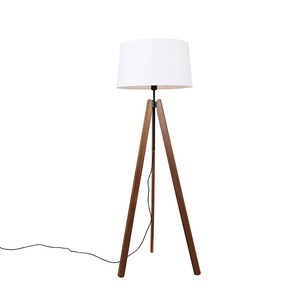 QAZQA, Vloerlamp tripod bruin met linnen kap wit 45 cm - Telu