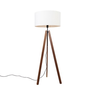 QAZQA, Vloerlamp tripod bruin met linnen kap wit 45 cm - Telu