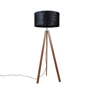 QAZQA, Landelijke vloerlamp tripod bruin met kap zwart 50 cm - Telu