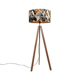 QAZQA, Landelijke vloerlamp tripod bruin met kap bloemen 50 cm - Telu