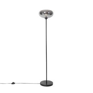 QAZQA, Art deco vloerlamp zwart met smoke glas - Busa, Art Deco Stehlampe schwarz mit Rauchglas - Busa