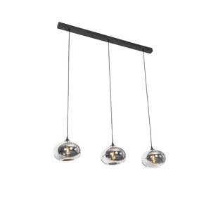 QAZQA, Art deco hanglamp zwart met smoke glas langwerpig 3-lichts - Busa, Art Deco Hängelampe schwarz 3-flammig mit Rauchglas - Busa