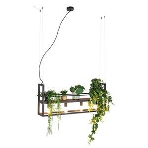 QAZQA, Industriële hanglamp zwart met hout en rek 4-lichts - Cage Rack, Industrielle Hängelampe schwarz mit Holz und Gestell 4-flammig - Cage Rack