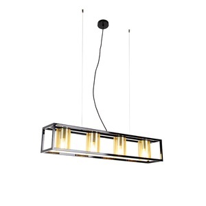 QAZQA, Industriële hanglamp zwart met goud 4-lichts - Cage Tess