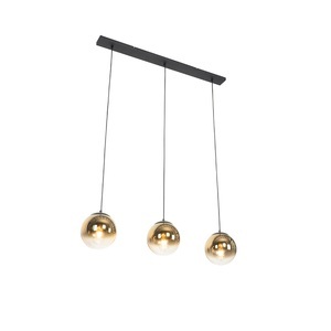 QAZQA, Art deco hanglamp zwart met goud glas langwerpig 3-lichts - pallon, Art Deco Hängelampe schwarz mit gold länglich 3-flammig - Pallon