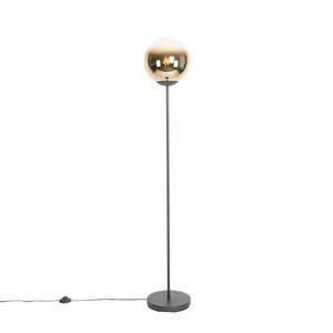 QAZQA, Art deco vloerlamp zwart met goud glas - pallon, Art Deco Stehlampe schwarz mit goldenem Glas - pallon