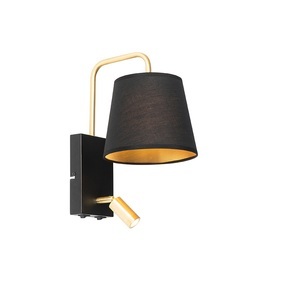 QAZQA, Moderne wandlamp zwart en goud met leeslamp - Renier