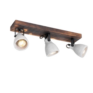 QAZQA, Industriële spot grijs beton met hout 3-lichts - Creto, Industrielle Deckenlampe Holz mit Beton 3-flammig - Creto