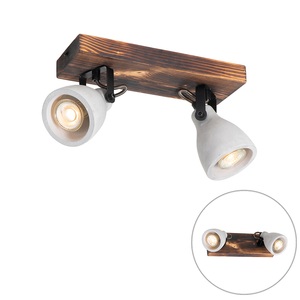 QAZQA, Industriële spot grijs beton met hout 2-lichts - Creto, Industrielle Deckenlampe Holz mit Beton 2-flammig - Creto