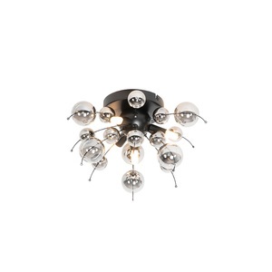 QAZQA, Design plafondlamp zwart met smoke glas 40 cm 4-lichts - Explode, Deckenleuchte schwarz mit Rauchglas 40 cm 4-flammig - Explode