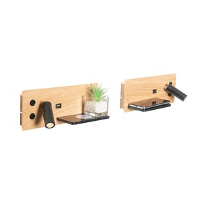 QAZQA, Set van 2 wandlamp zwart met hout incl. LED met USB en inductielader - Riza