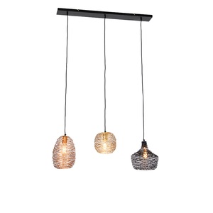 QAZQA, Hanglamp zwart goud en koper langwerpig 3-lichts - Sarella, Hanglamp zwart goud en koper langwerpig 3-lichts - Sarella