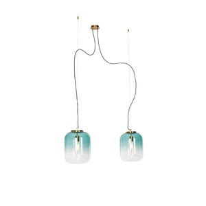 QAZQA, Design hanglamp goud met groen glas 2-lichts - Bliss