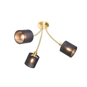 QAZQA, Moderne plafondlamp messing met kap zwart 3-lichts - Merwe