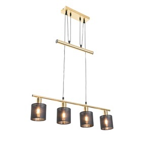 QAZQA, Moderne hanglamp messing met kap zwart 4-lichts - Merwe