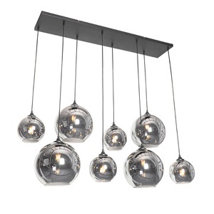 QAZQA, Art deco hanglamp zwart met smoke glas 8-lichts - Sandra, Art deco hanglamp zwart met smoke glas 8-lichts - Sandra
