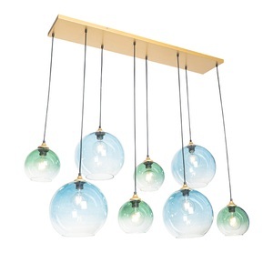 QAZQA, Hanglamp messing met blauw en groen glas 8-lichts - Pallon