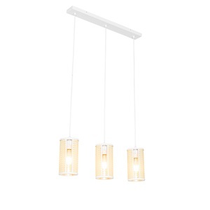 QAZQA, Oosterse hanglamp wit met rotan 3-lichts langwerpig - Akira