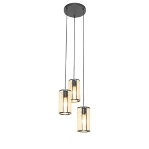 QAZQA, Oosterse hanglamp zwart met rotan 3-lichts rond - Akira