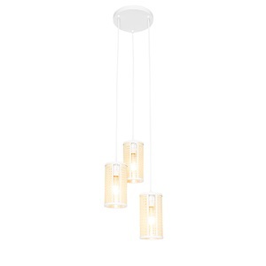 QAZQA, Oosterse hanglamp wit met rotan 3-lichts rond - Akira