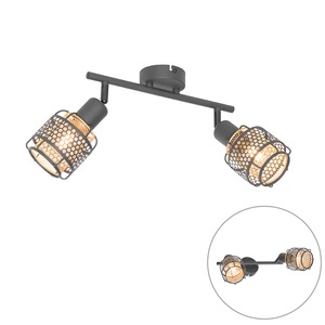 QAZQA, Design plafondlamp zwart met goud 2-lichts - Noud, Design plafondlamp zwart met goud 2-lichts - Noud