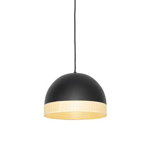 QAZQA, Oosterse hanglamp zwart met rotan 30 cm - Magna Rotan, Oosterse hanglamp zwart met rotan 30 cm - Magna Rotan