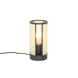 QAZQA, Oosterse tafellamp zwart met rotan 12 cm - Akira