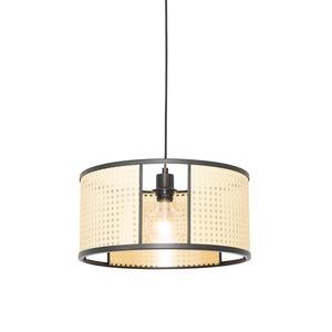 QAZQA, Oosterse hanglamp zwart met rotan 40 cm - Akira, Oosterse hanglamp zwart met rotan 40 cm - Akira