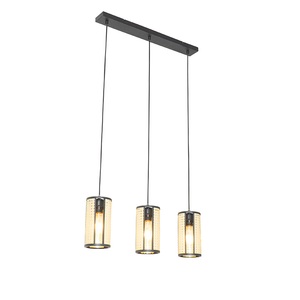 QAZQA, Oosterse hanglamp zwart met rotan 3-lichts langwerpig - Akira, Oosterse hanglamp zwart met rotan 3-lichts langwerpig - Akira