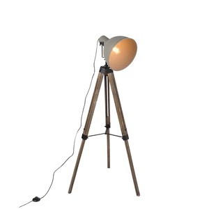 QAZQA, Industrielle Stehlampe auf hölzernem Stativ mit grauem Schatten - Laos, Industrielle Stehlampe auf Holzstativ mit grauem Schirm - Laos