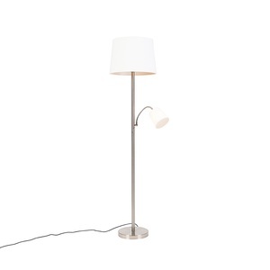 QAZQA, Klassische Stehlampe Stahl mit weißem Schirm und Leselampe - Retro
