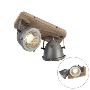QAZQA, Industriespot Stahl mit Holz kippbar 2-Licht - Emado