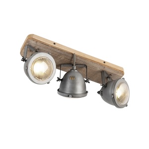 QAZQA, Industriespot Stahl mit Holz kippbar 3-Licht - Emado, Industriespot Stahl mit Holz kippbar 3-Licht - Emado